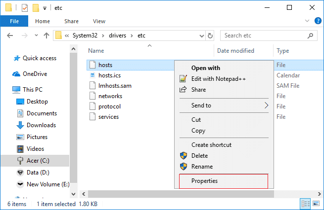 Fare clic con il pulsante destro del mouse sul file hosts e selezionare le proprietà