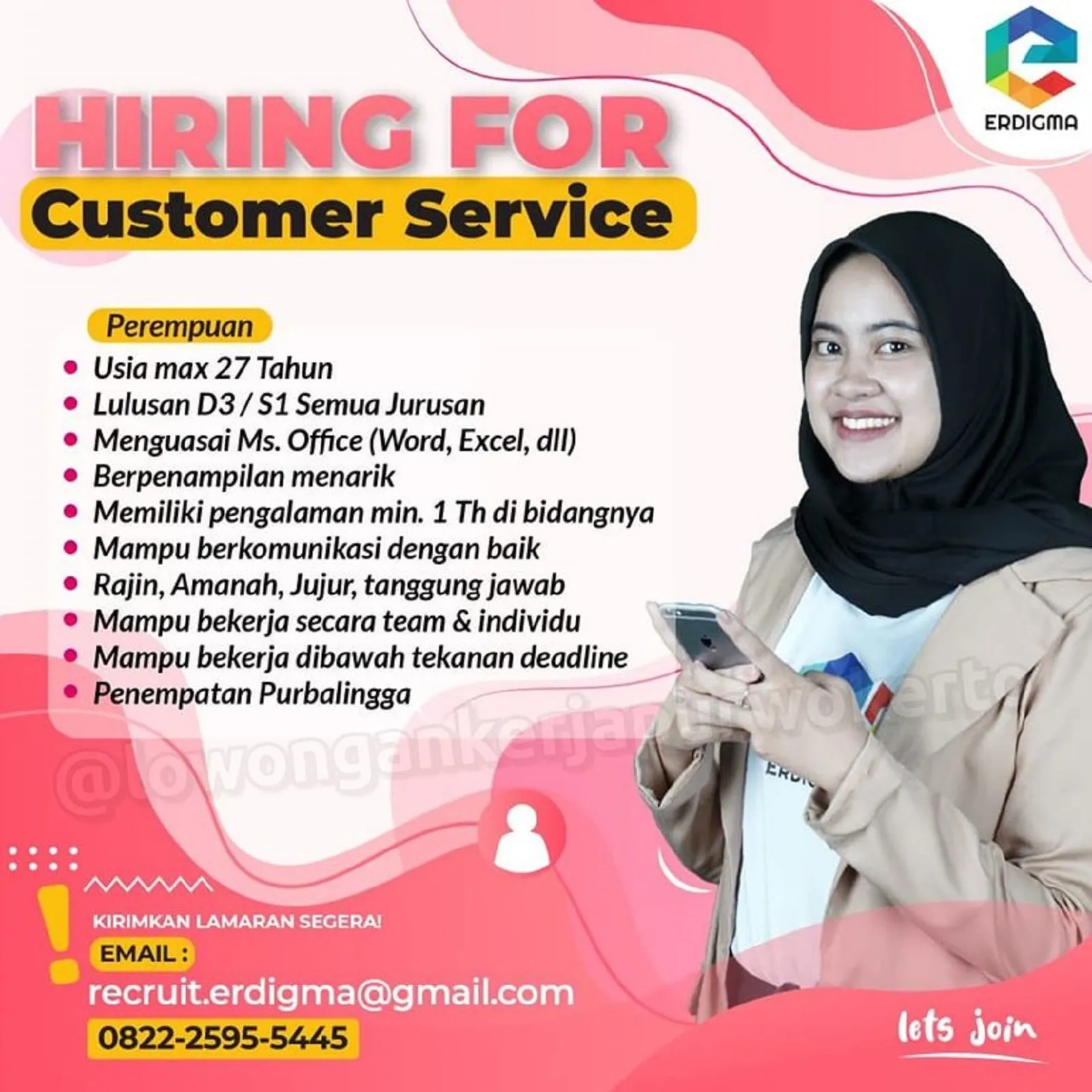 Lowongan Kerja Customer Service (CS) di ERDiGMA Purbalingga
