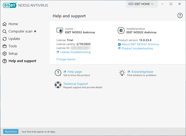 ตัวเลือกความช่วยเหลือและการสนับสนุนที่นำเสนอโดย ESET NOD32 Antivirus