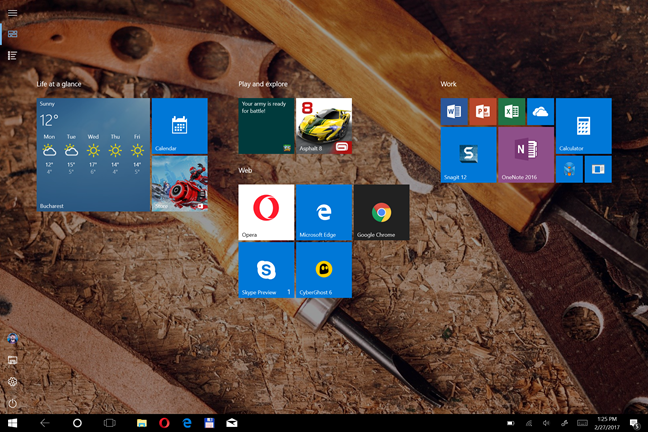 Windows 10, menu Démarrer, mode tablette, plein écran