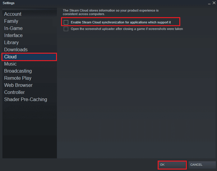 Aquí, haga clic en la pestaña Nube en el panel izquierdo y desmarque la opción Habilitar la sincronización de Steam Cloud para las aplicaciones que lo admiten.  Cómo desinstalar juegos de Steam