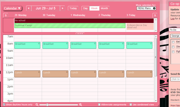 Menu Plans weekly calendar view ~ Homeschool Planet  online planner review