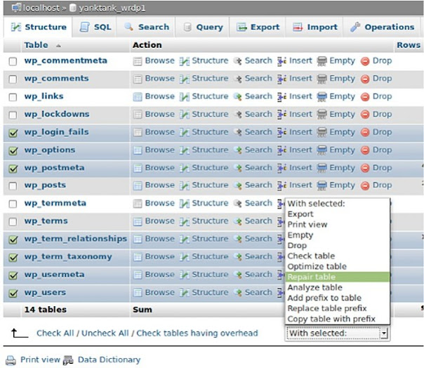 Sửa lỗi cho bảng trong phpMyAdmin