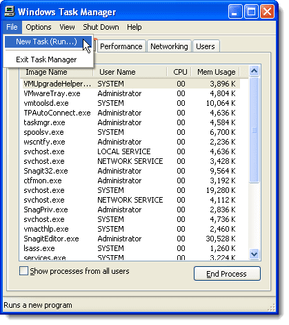 Selezionando Nuova attività in Windows XP