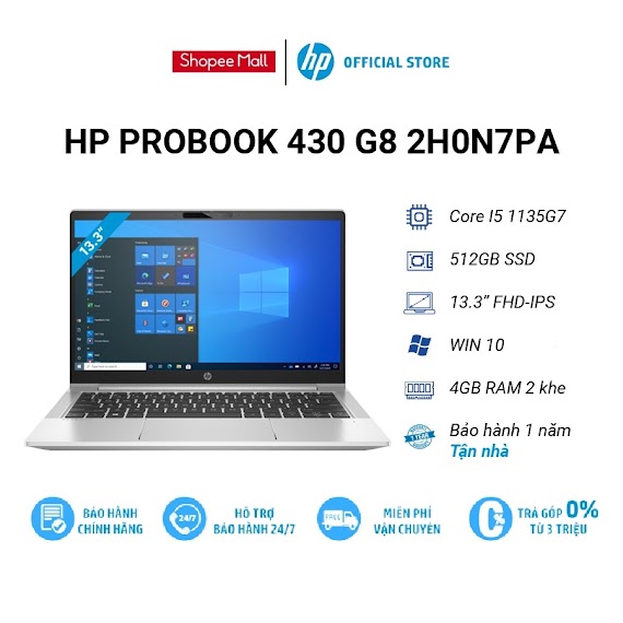 [Mã Elhp12 Giảm Đến 2Tr2] Laptop Hp Probook 430 G8 2H0N7Pa | I5 - 1135G7 | 4Gb Ram | 512Gb Ssd | 13.3"Fhd | Win10