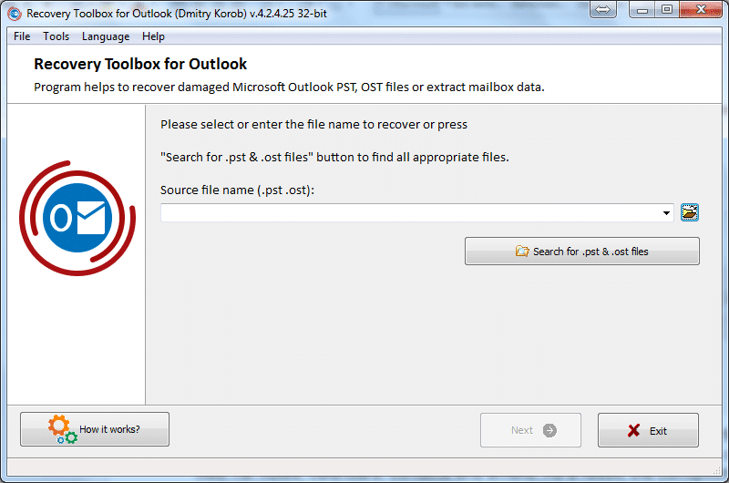 Esta ventana aparece después de abrir Recovery Toolbox for Outlook