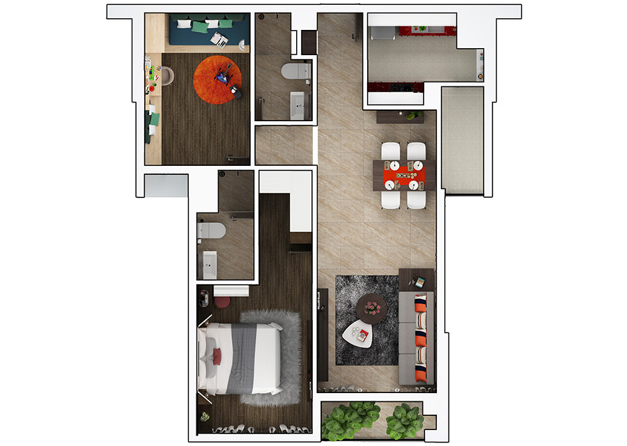 Phối cảnh 2D căn hộ 2 phòng ngủ DT: 79.03m² Phối cảnh 2D căn hộ 2 phòng ngủ DT: 79.03m²
