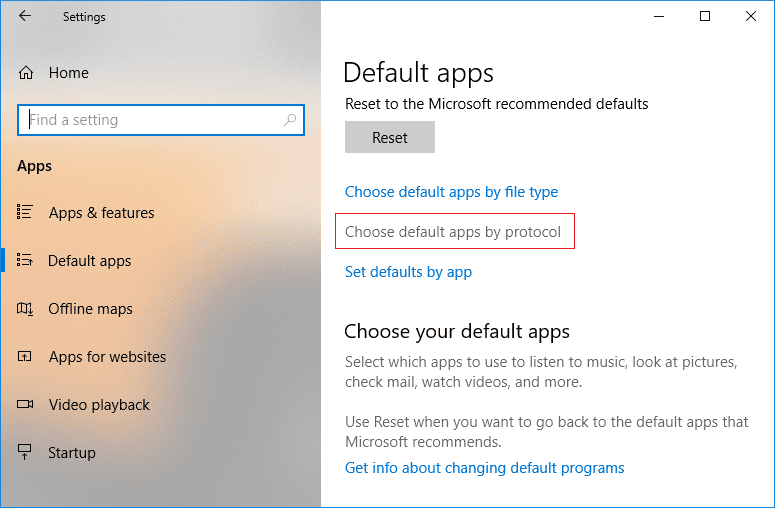 Pod przyciskiem Resetuj kliknij Wybierz domyślne aplikacje według łącza protokołu pliku