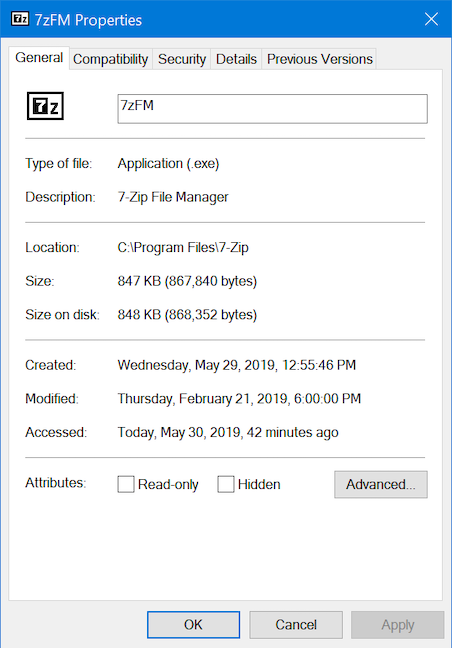 Las propiedades de 7-Zip