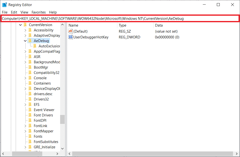 En la ventana del Editor del Registro, navegue hasta la siguiente ubicación.  Se ha producido una excepción no controlada en su aplicación en Windows 10