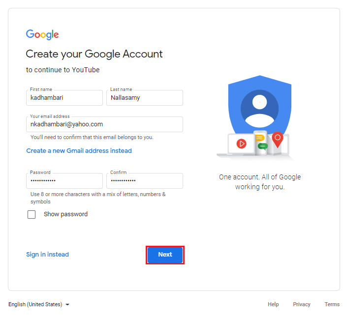 Compila le informazioni nella pagina di creazione dell'account Google