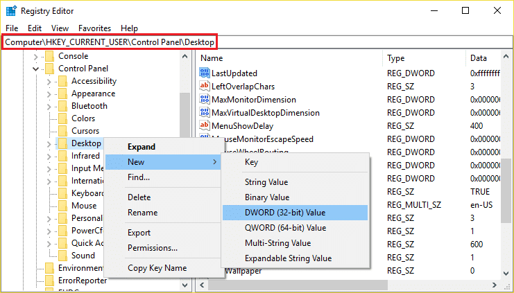 Haga clic con el botón derecho en Escritorio y luego seleccione Nuevo y luego haga clic en DWORD