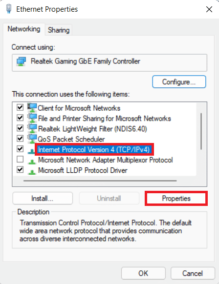 sélectionnez la version du protocole Internet dans la fenêtre des propriétés Ethernet