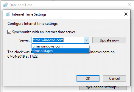 Marque la casilla de verificación 'Sincronizar con un servidor horario de Internet' |  Arreglar la hora incorrecta del reloj de Windows 10