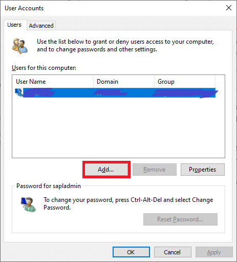 ในหน้าต่างใหม่ที่เปิดขึ้น ให้มองหา Add ในบานหน้าต่างตรงกลางภายใต้ Users.Fix Command Prompt Appears แล้วหายไปใน Windows 10