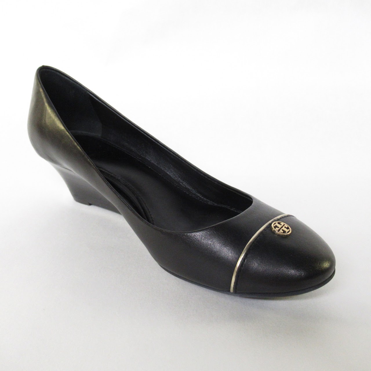 Tory Burch NEW Black Leather Low Wedges