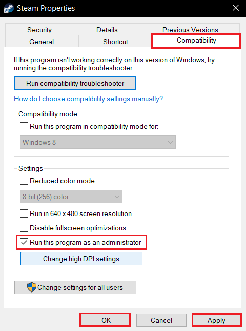 chuyển đến tab Tương thích và chọn Chạy chương trình này với tư cách quản trị viên trong Thuộc tính Steam.  Sửa lỗi Steam phải chạy để chơi trò chơi này