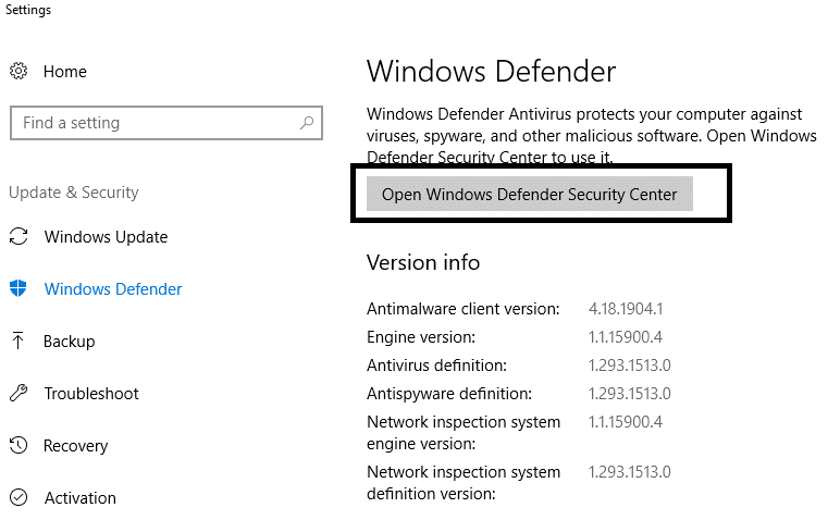 Cliquez sur Centre de sécurité Windows Defender