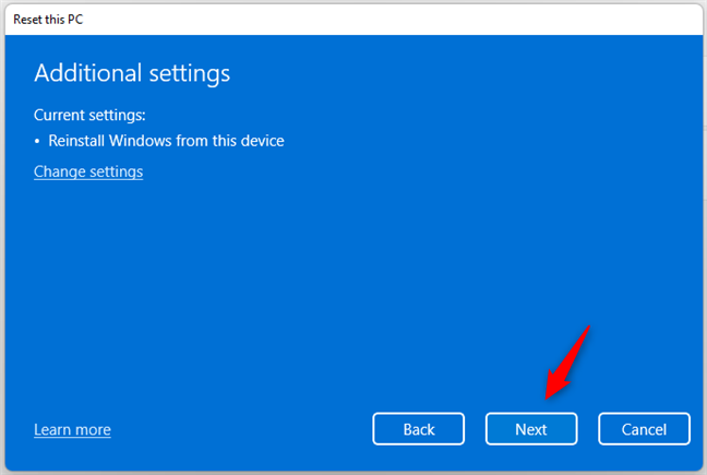 Aanvullende instellingen voor de Windows 11-reset