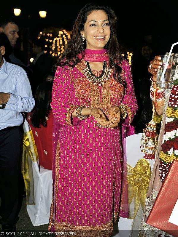 Juhi Chawla captured with her trademark smile during Raageshwari Loomba and Sudhanshu Swaroop's wedding, held in Mumbai, on January 27, 2014.