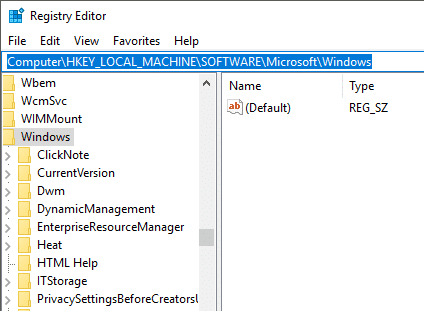 导航到 HKEY_LOCAL_MACHINESOFTWAREPoliciesMicrosoftWindows