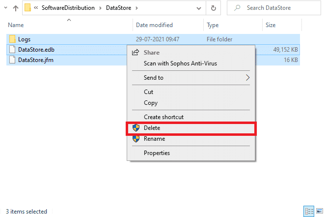 Selecteer hier de optie Verwijderen om alle bestanden en mappen van de DataStore-locatie te verwijderen.  Fix Windows Update Installatiefout 0x8007012a