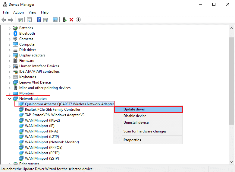 คลิกขวาที่ไดรเวอร์ Network Adapter แล้วเลือก Update Driver