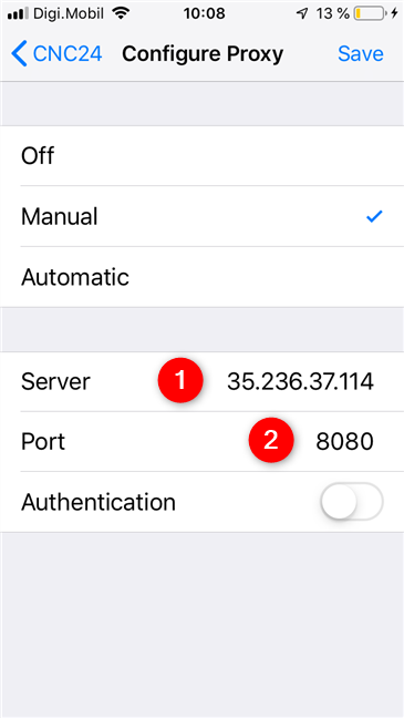 La configuración del servidor proxy y el puerto en iOS