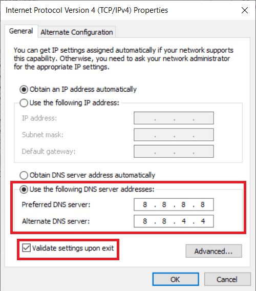 기본 DNS 서버로 8.8.8.8을 입력하고 대체 DNS 서버로 8.8.4.4를 입력합니다.