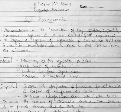 Short notes on Documentation (Quality Assurance) 6th Semester B.Pharmacy Lecture Notes,BP606T Quality Assurance,BPharmacy,Handwritten Notes,BPharm 6th Semester,Important Exam Notes,