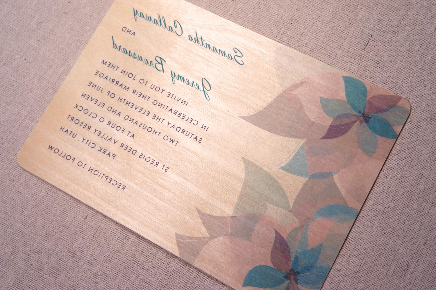 Real Wood Wedding Invitations - Modern Teal Flowers or Succulents