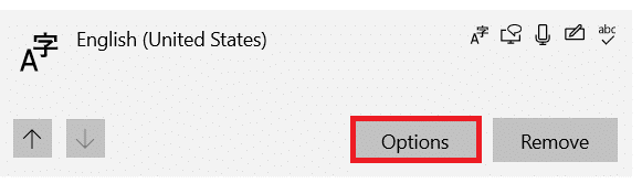 Fare clic su Inglese, Stati Uniti.  L'opzione si espande.  Ora, fai clic sul pulsante Opzioni.