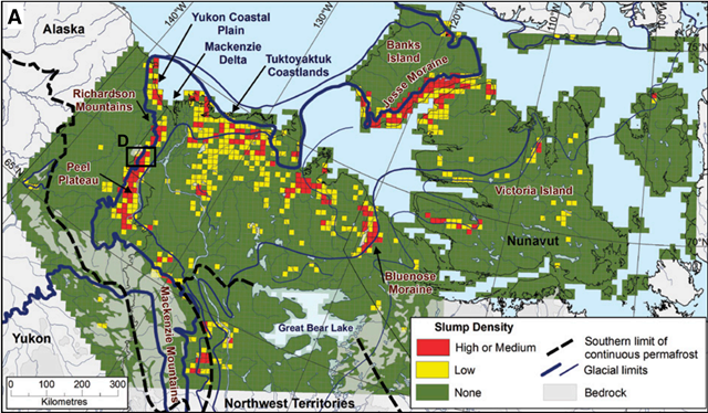 Permafrost thaw slump distribution and glaciated terrain. A: Slump-affected terrain in northwestern Canada and positions of the Laurentide Ice Sheet from ca. 18–11 ka. Graphic: Kokelj, et al, 2017 / Geology