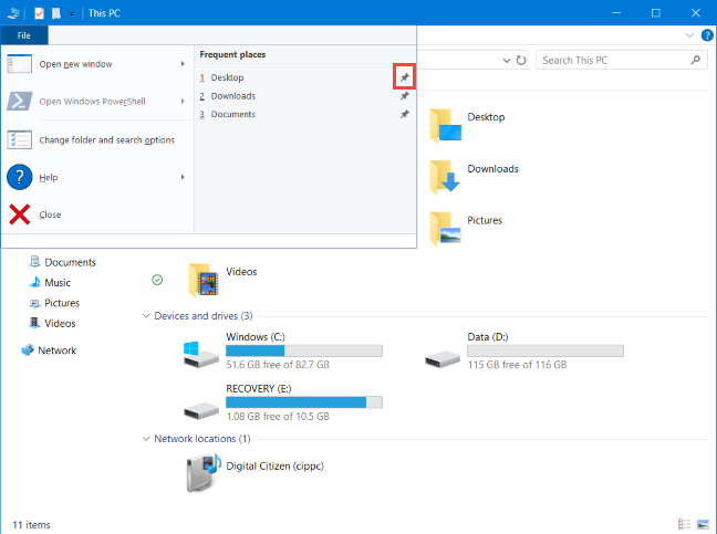 Il menu File in Esplora file - blocco delle cartelle frequenti