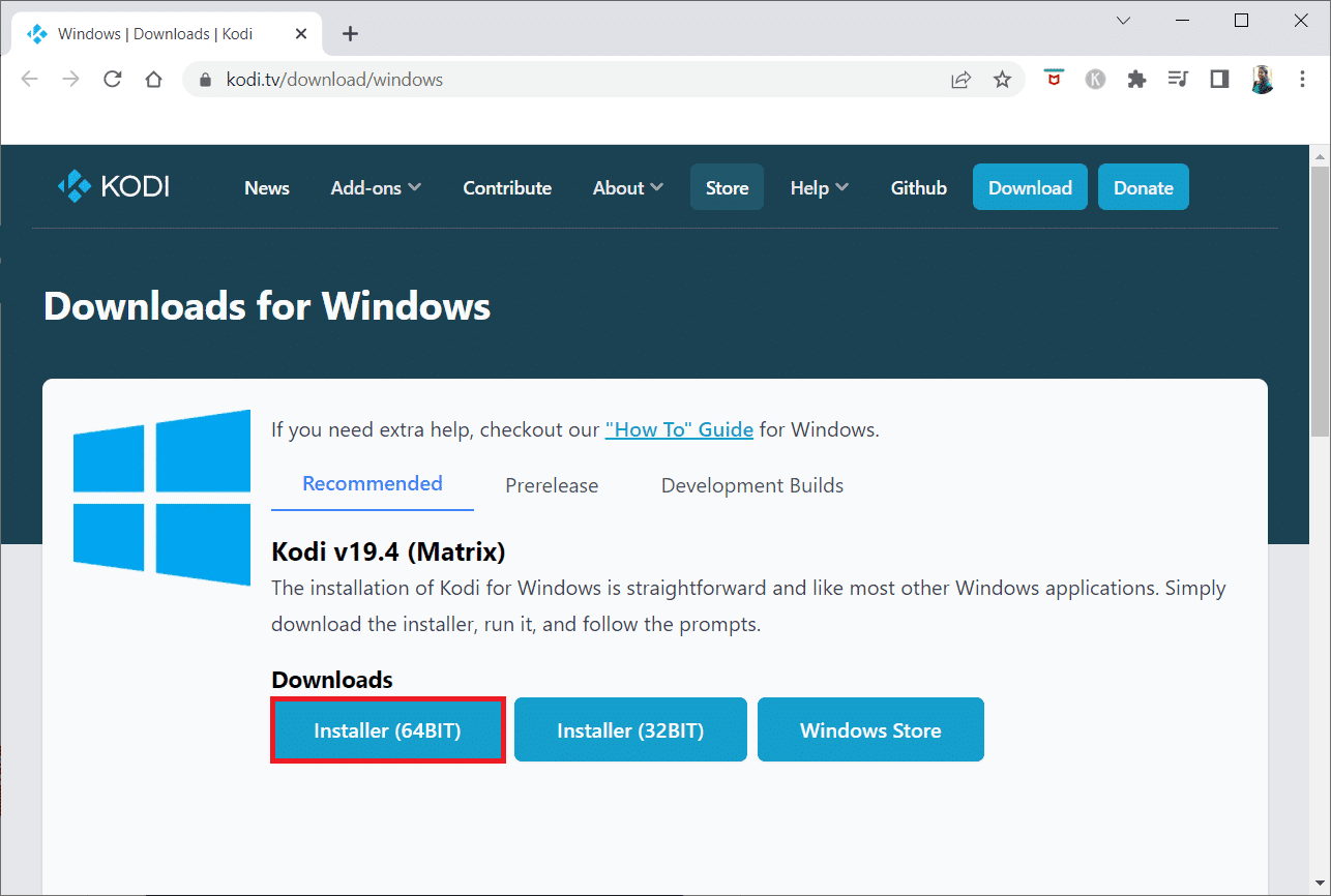 Přejděte na stránku stahování Kodi a klikněte na tlačítko Installer 64BIT.  Jak zrychlit Kodi