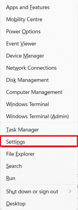 wybierz ustawienia z menu Szybki link.  Jak uzyskać czarny kursor w systemie Windows 11?