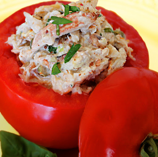 Crab and shrimp stuffed heirloom tomatoes - simple, delicious, healthy and a step back to an old-time recipe.