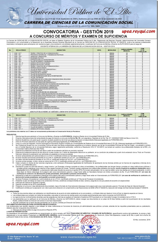 Comunicación Social UPEA 2019: Convocatoria para ser “Docentes Interinos” mediante Concurso de Méritos y Examen de Suficiencia