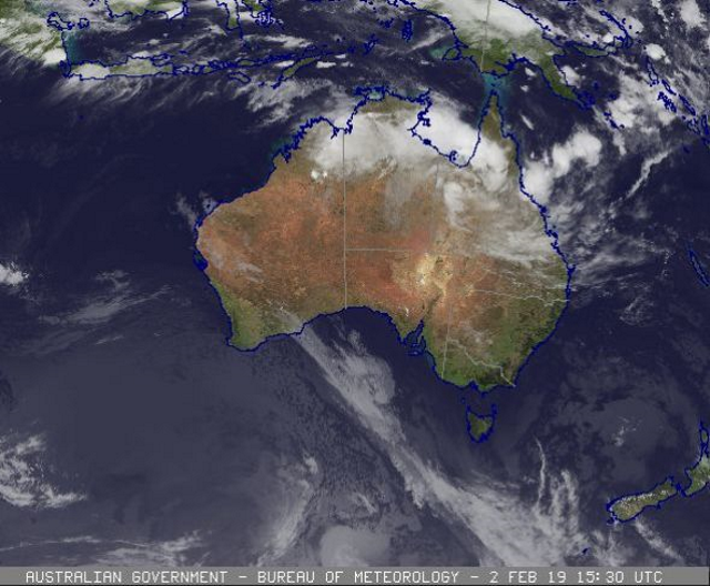 Satellite view of Australia on 2 February 2019, showing a storm with record-setting rainfall that caused widespread flooding, land slips, road closures, and evacuations across Queensland. Photo: Australia BOM