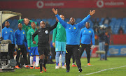 Mamelodi Sundowns coach Pitso Mosimane and his technical bench appeal to the referee during the Absa Premiership 0-0 home draw against Highlands Park on the August 22 2018 at Loftus Versfeld Stadium.