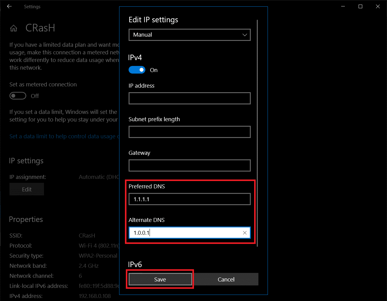 键入首选 DNS 服务器和备用 DNS 服务器的 IP 地址