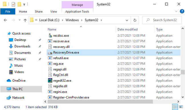 La ruta al archivo RecoveryDrive.exe