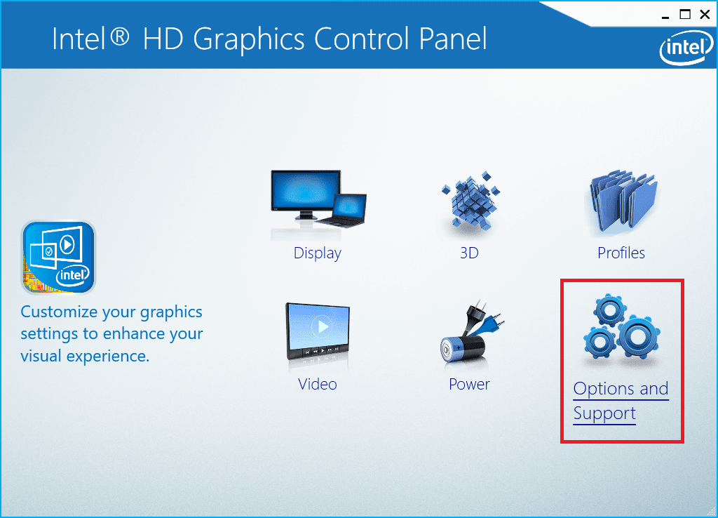 V ovládacím panelu Intel Graphics Control Panel vyberte Option & support