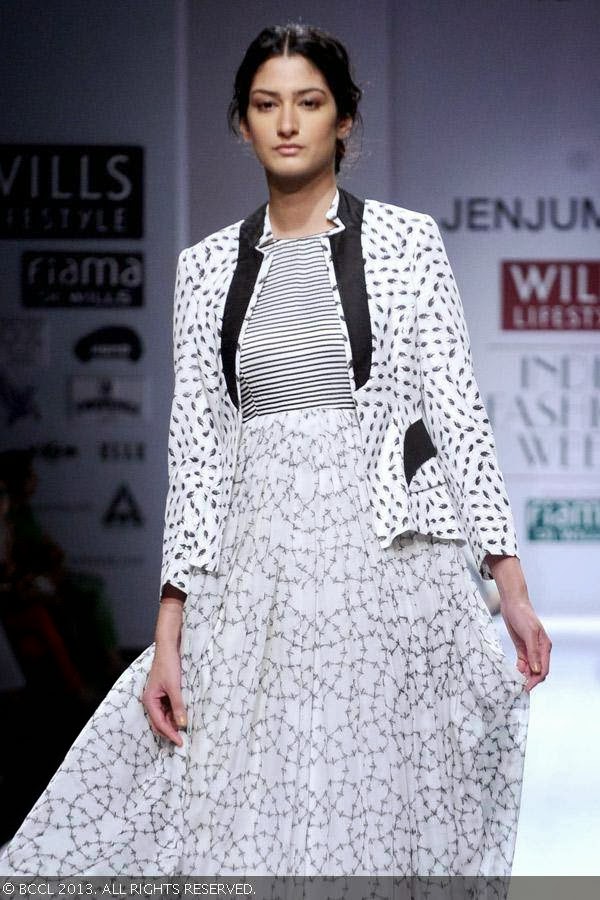 Shreiyah Sabharwal flaunts a creation by fashion designer Jenjum Gadi on Day 3 of Wills Lifestyle India Fashion Week (WIFW) Spring/Summer 2014, held in Delhi.