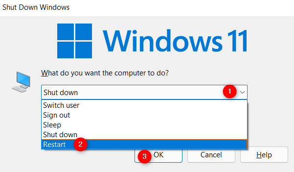 วิธีรีสตาร์ท Windows 11 จากป๊อปอัป Shut Down Windows