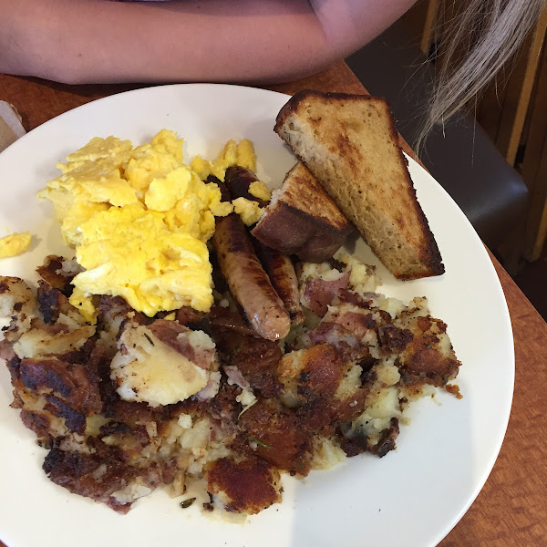 Sausage, eggs, potatoes and rosemary toast