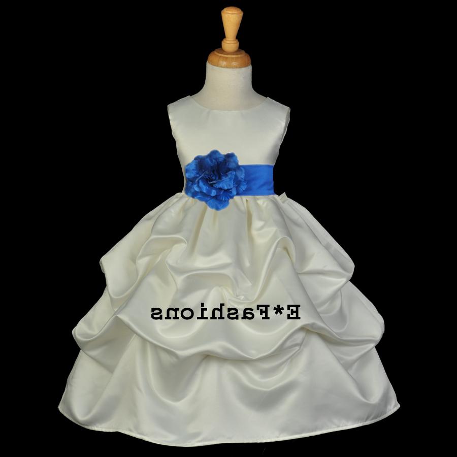  Color: Ivory   with Removable Royal Blue Tiebow sash