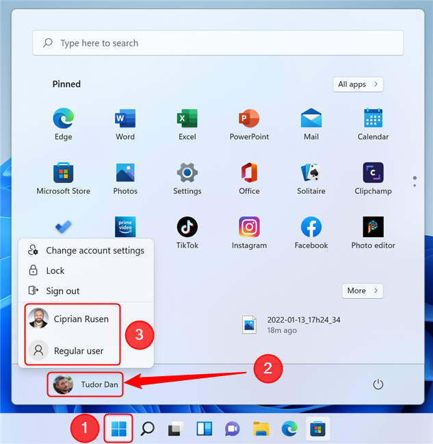 Wissel van gebruiker vanuit het Startmenu in Windows 11