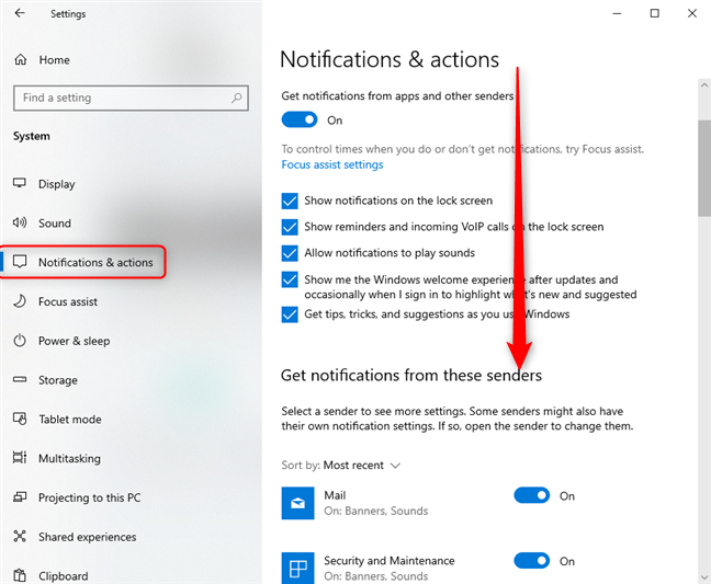 Configurações do Windows 10 ->  Role até Receber notificações desses remetentes