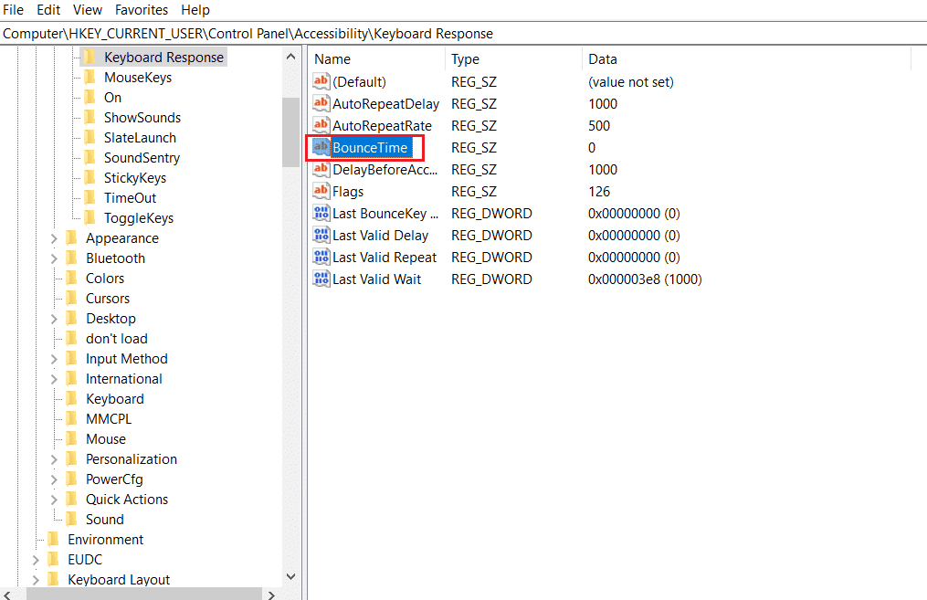 haga doble clic en la cadena BounceTime en el Editor del Registro